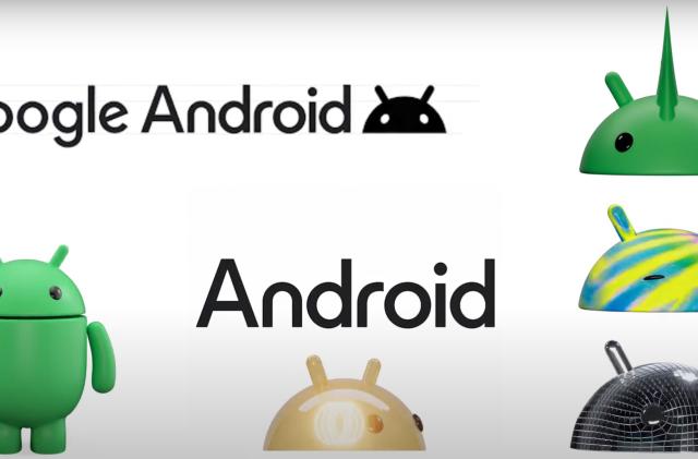 Refreshed Google Android logo alongside 3D renderings of the bugdroid mascot.