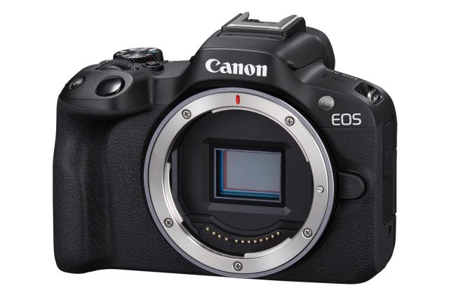 Front render of Canon's new EOS R50, showing the camera's DSLR-like body, APS-C sensor and RF lens mount. 