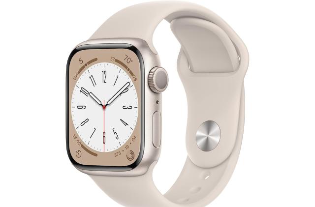 A product image of the Apple Watch Series 8 smartwatch with a light-colored aluminum case and band. 