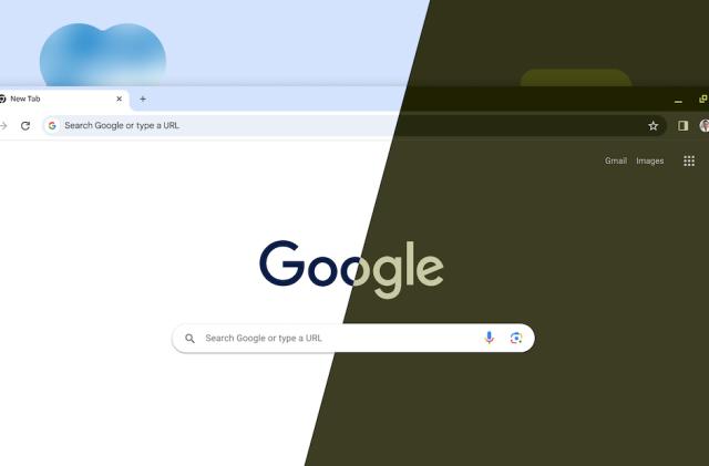 A Google chrome browser showing light and dark mode with a diagonal line down the middle. 
