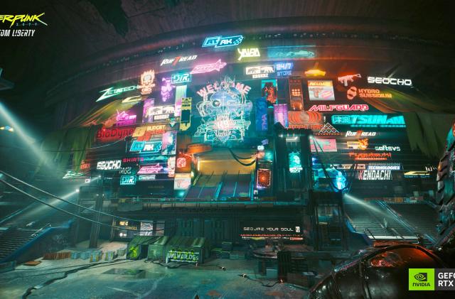 A promo card with logos for the NVIDIA DLSS 3.5 comparisons: Cyberpunk 2077 ray-traced upgraded. It shows a neon cluster of signs on the side of a post apocalyptic building.