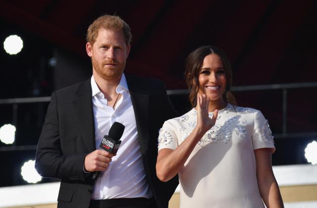 Britain's Prince Harry and Meghan Markle speak during the 2021 Global Citizen Live festival at the Great Lawn, Central Park on September 25, 2021 in New York City. (Photo by Angela Weiss / AFP) (Photo by ANGELA WEISS/AFP via Getty Images)