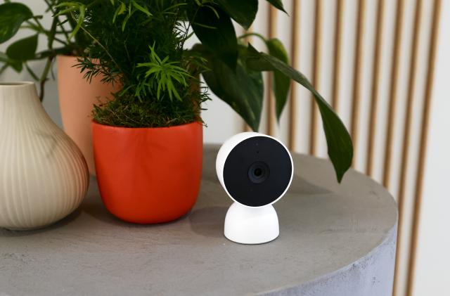 The indoor Nest Cam, a smart security cam of Google that can detect familiar faces and works with Google Assistant artificial intelligence, being exhibited on the Android Smart Home display during the Mobile World Congress 2023 on March 2, 2023, in Barcelona, Spain. (Photo by Joan Cros/NurPhoto via Getty Images)