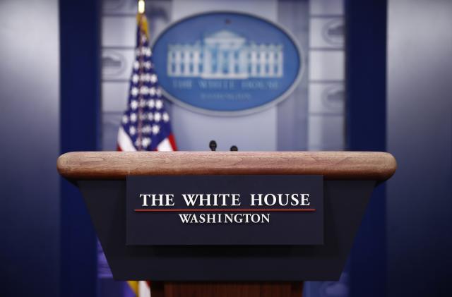 FILE - A podium stands in the James Brady Press Briefing Room of the White House, Sunday, March 22, 2020, in Washington. With roughly a year and a half until the 2024 presidential contest, the field of candidates is largely set. Former President Donald Trump and Florida Gov. Ron DeSantis have dominated the early Republican race, but other candidates including former Vice President Mike Pence, former United Nations Ambassador Nikki Haley and U.S. Sen. Tim Scott of South Carolina are looking for an opening in case either falters. President Joe Biden faces a couple of Democratic challengers but is expected to secure his party’s nomination. (AP Photo/Patrick Semansky, File)