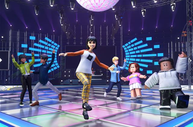 A marketing image for Robox, featuring virtual children and teenagers dancing on a floor with a disco ball overhead.