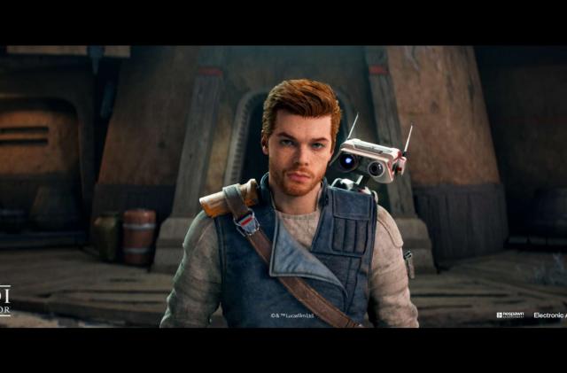 Media asset from 'Star Wars: Jedi Survivor.' The protagonist, Cal Kestis, stands facing the "camera" with his droid (BD-1) strapped to his back.