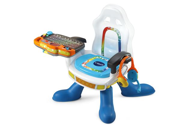 A baby-sized gaming chair with a keyboard and headset