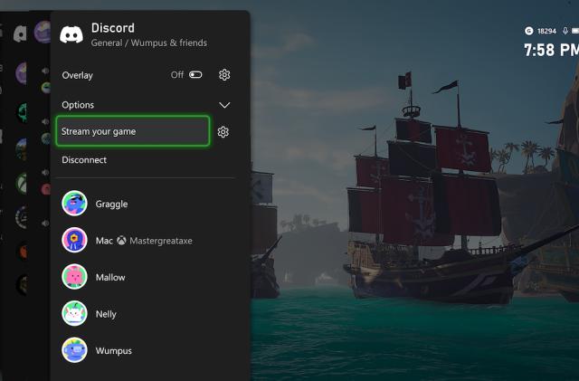 An option to "stream your game" on Discord's menu with a ship in a game in the background. 