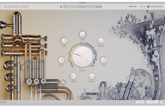 Arturia Augmented Brass' main interface with large morph knob and seven smaller knobs surrounding it.