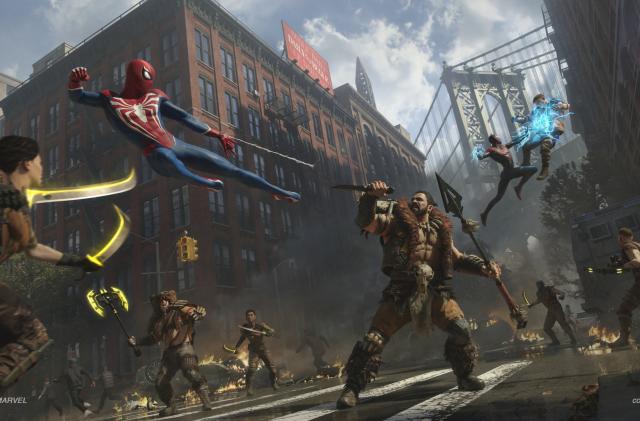 Action screenshot from PlayStation exclusive ‘Spider-Man 2’ featuring Spidey mid-air as he attempts a flying kick toward Kraven the Hunter. Others fight nearby.