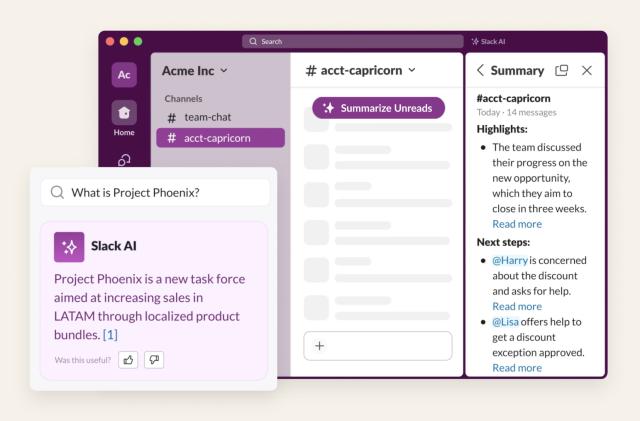 A screenshot showing the Slack interface with a note on its new AI capabilities.