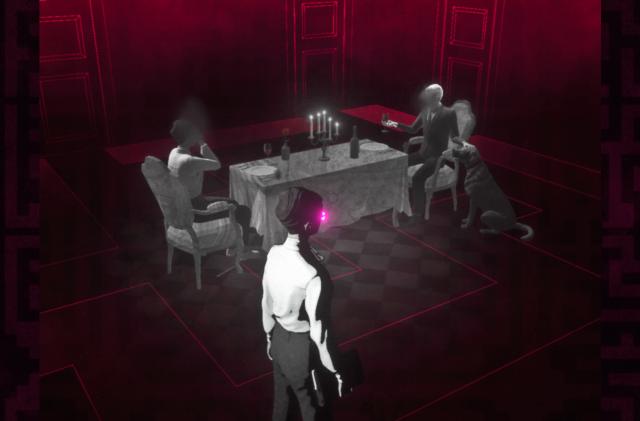 A scene from the video game 'Lorelei and the Laser Eyes' showing a woman in the foreground with a glowing eye(s) -- seen from slightly behind -- and a fancy dinner table with two diners at opposite ends with a candelabra in between them. The surrounding room is faded, dark and highlighted by a subtle red glow.