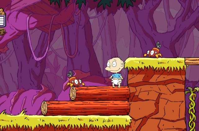 A screenshot of Rugrats: Adventures in Gameland showing an illustration with a baby in diapers in the forest.