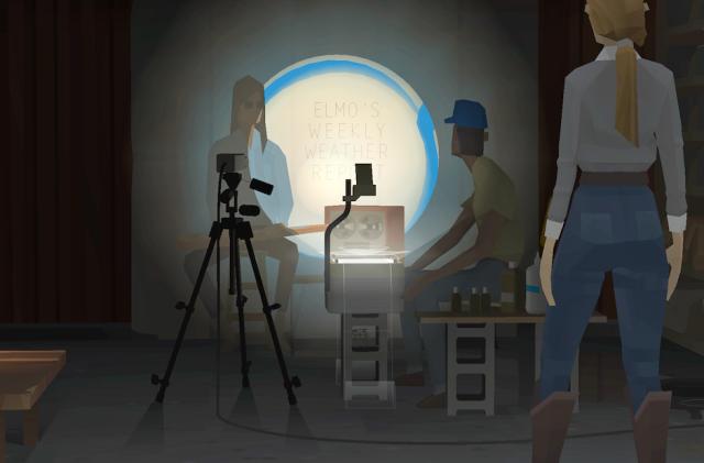 In this still image from the video game 'Kentucky Route Zero: TV Edition', a projector reads "Elmo's Weekly Weather Report" as two people look on in the background and one in the foreground. 