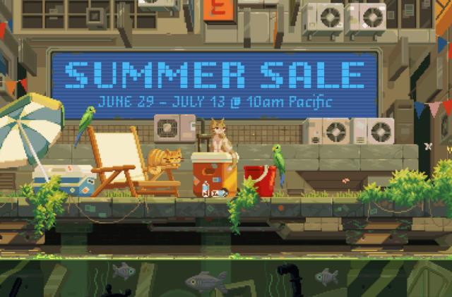 Key art for the Steam Summer Sale, featuring a pixelated scene with cats. text: "Summer Sale. June 29 to July 13 at 10am Pacific."