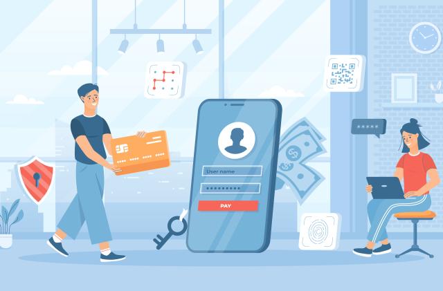 Secure payment system. Safety and confidential data protection. Authentication and verification. Flat cartoon vector illustration with people characters for banner, website design or landing web page