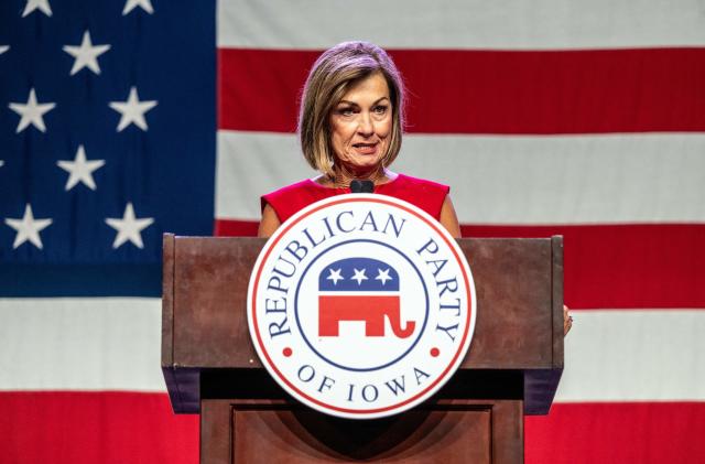 Iowa Governor Kim Reynolds speaks at the Republican Party of Iowa's 2023 Lincoln Dinner at the Iowa Events Center in Des Moines, Iowa, on July 28, 2023. (Photo by Sergio FLORES / AFP) / "The erroneous mention[s] appearing in the metadata of this photo by Sergio FLORES has been modified in AFP systems in the following manner: [Iowa Governor Kim Reynolds] instead of [US senator Joni Ernst]. Please immediately remove the erroneous mention[s] from all your online services and delete it (them) from your servers. If you have been authorized by AFP to distribute it (them) to third parties, please ensure that the same actions are carried out by them. Failure to promptly comply with these instructions will entail liability on your part for any continued or post notification usage. Therefore we thank you very much for all your attention and prompt action. We are sorry for the inconvenience this notification may cause and remain at your disposal for any further information you may require." (Photo by SERGIO FLORES/AFP via Getty Images)