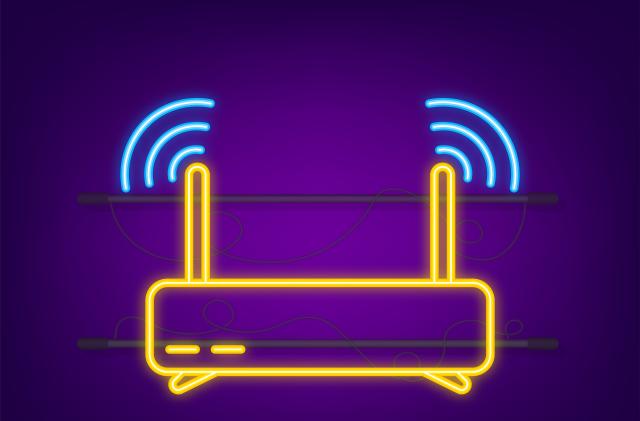 Network Router neon icon. Wifi router, wireless broadband modem. Communication Access Network. Vector stock illustration
