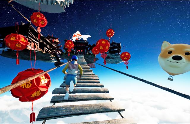 Gameplay still from ‘Only Up!’ A teenager runs across railroad tracks suspended in the sky. Strange red balloons, a Shiba Inu dog face and other odd objects.