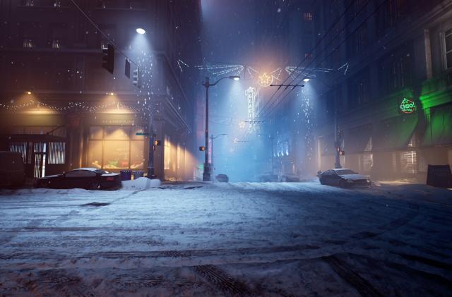 A wintry nighttime setting in a city in Vampire: The Masquerade - Bloodlines 2.