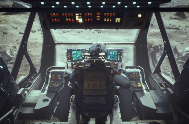 A pilot of a spaceship shown from behind as they look out onto a rocky environment in 'Starfield.'