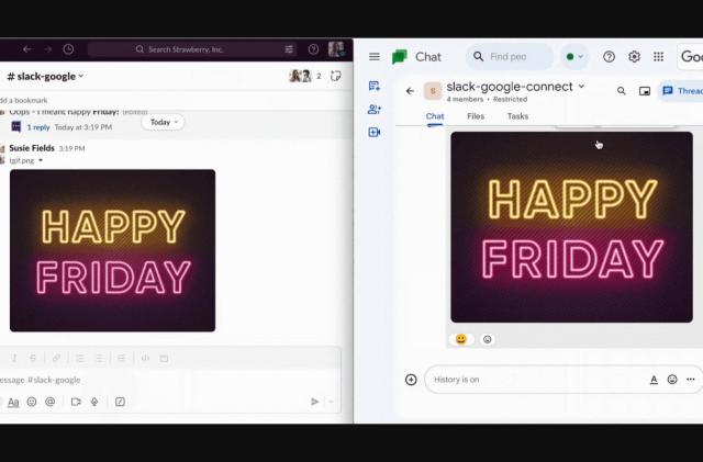 Screenshots of Slack and Google Chat, showing the same "Happy Friday" GIF on each.