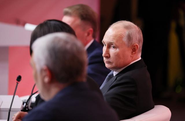Russian President Vladimir Putin attends the plenary session of the forum "Strong ideas for the new time" in Moscow, Russia June 29, 2023. Sputnik/Sergei Savostyanov/Pool via REUTERS ATTENTION EDITORS - THIS IMAGE WAS PROVIDED BY A THIRD PARTY.