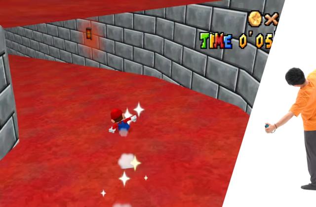A player tilts their body to control Mario, who is sliding down a ramp inside a castle in WarioWare: Move It.
