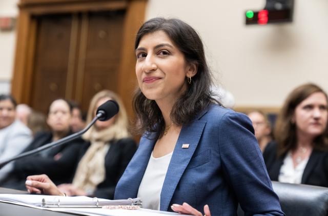 UNITED STATES - JULY 13: FTC Chairwoman Lina Khan prepares to testify during the House Judiciary Committee hearing titled "Oversight of the Federal Trade Commission," in Rayburn Building on Thursday, July 13, 2023. (Tom Williams/CQ-Roll Call, Inc via Getty Images)
