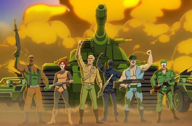 Trailer still for the upcoming beat ‘em up arcade-style game ‘G.I. Joe: Wrath of Cobra.’ It features Roadbloack, Scarlett, Duke, Snake Eyes and others standing in a line, fists raised in the air. Behind them is a massive army tank and other green military vehicles. Smoke and explosions are prominent in the background.