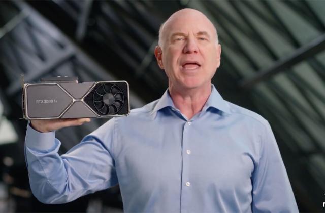 Jeff Fisher, NVIDIA's GeForce Senior Vice President, holding an RTX 3080 Ti graphics card during the Computex 2021 keynote.
