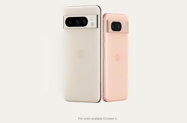 Still from a Google video showcasing the Pixel 8 Pro (porcelain color) and smaller Pixel 8 (rose color).